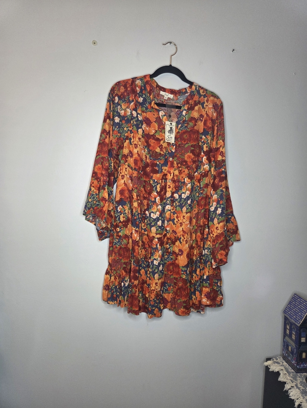 Easel Boutique Brand Floral Tiered Mini Dress Orange Multi